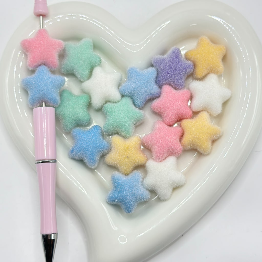 Flocked Five-Pointed Star Shape Solid Color Cute Acrylic Beads, Random Mix, Around 23.5MM
