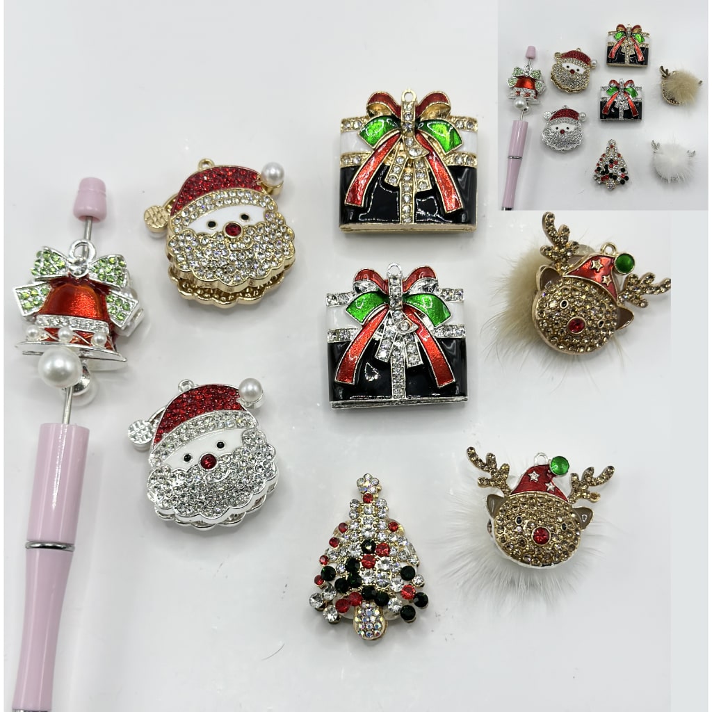 Alloy Metal Bling Bling Christmas Father Hat, Bell, Tree, Deer, Gift with Shiny Rhinestones, Pearls, Colorful Diamonds, and Clay Beads, Random Mix