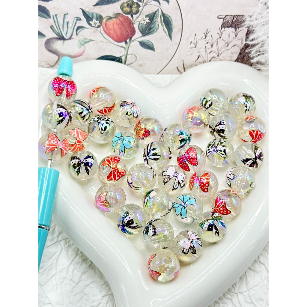 Shiny Colorful Multi Designs Bowtie Clear Round Acrylic Beads, Random Mix, 16MM