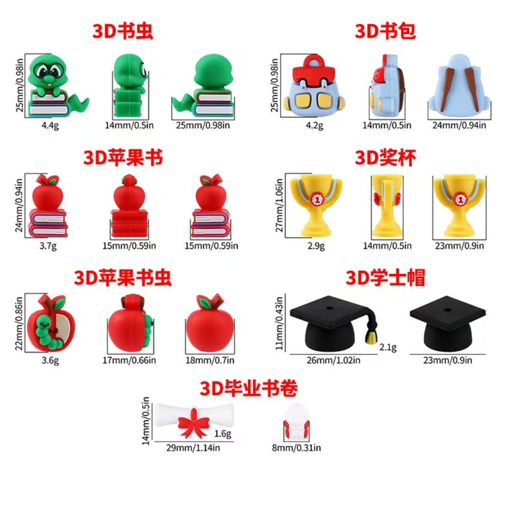 Apple Graduation Paper Bachelor Hat 3D School Bookworm Trophy Cup Schoolbag Backpack Silicone Focal Beads