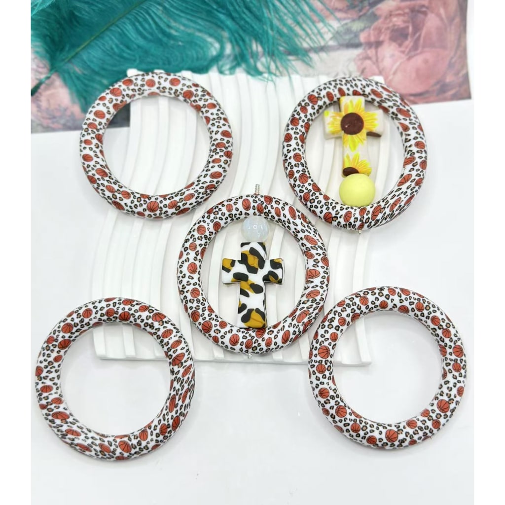 Basketball Silicone Ring Frame Bead Jaguar Print Circle Round Soft Car Hanger Charm Loop 65mm