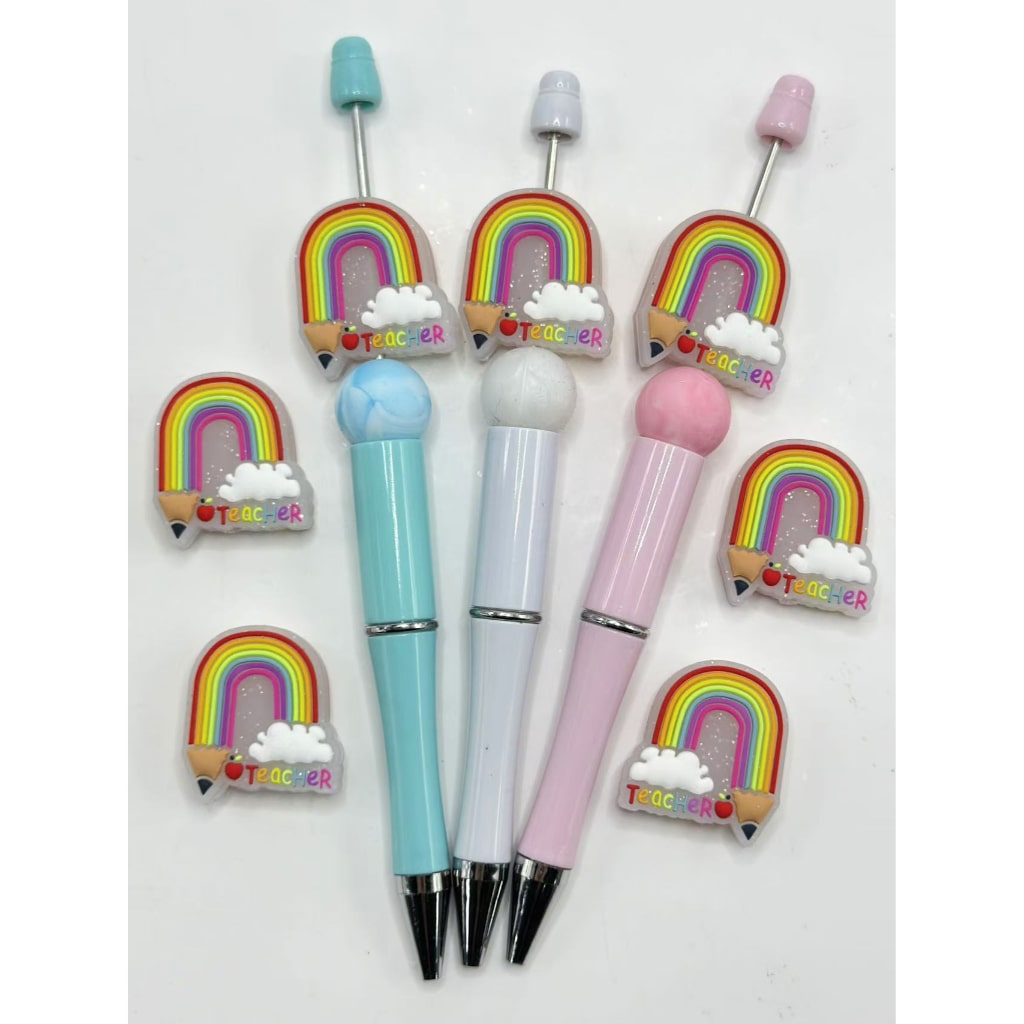 Pencil Cloud Apple Teacher School Glittery Cute Rainbow Silicone Focal Beads