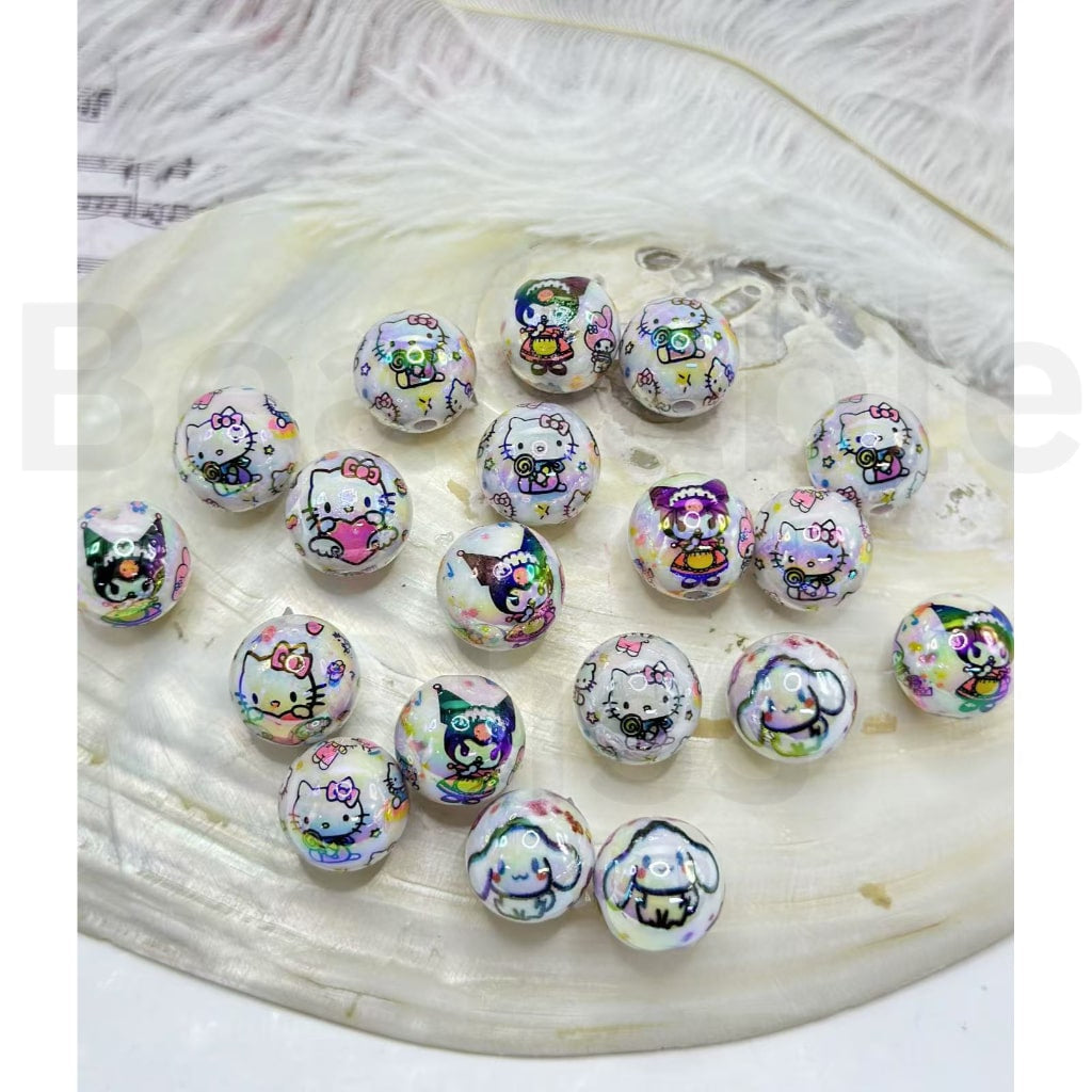 UV Finish Cute Cat Adorable Character Cartoon Round Acrylic Beads, Random Mix, 16MM