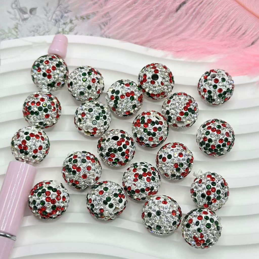 Christmas Colors Bling Bling Clear Red Green Rhinestones White Round Clay Beads, Random Mix, 16MM