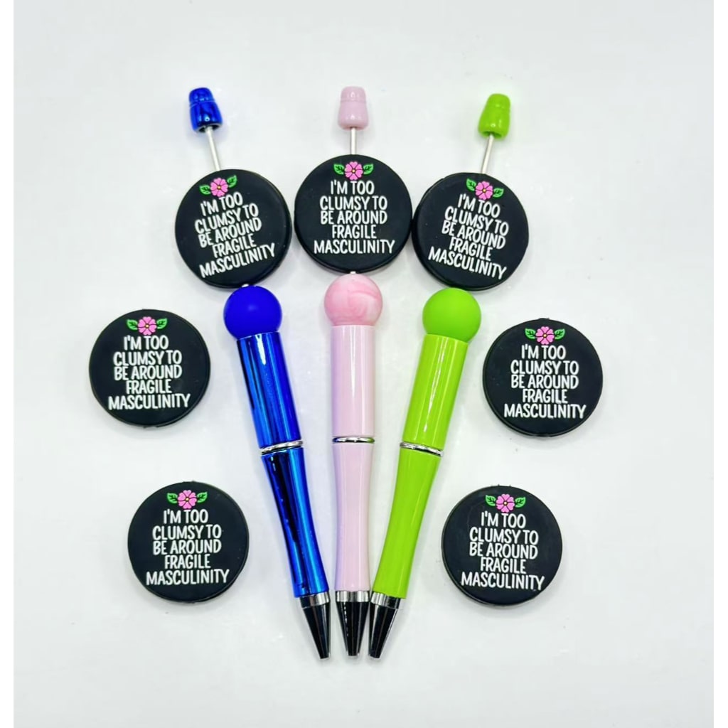 Small Pink Flower Black Round Silicone Focal Beads, "I'm Too Clumsy To Be Around Fragile Masculinity