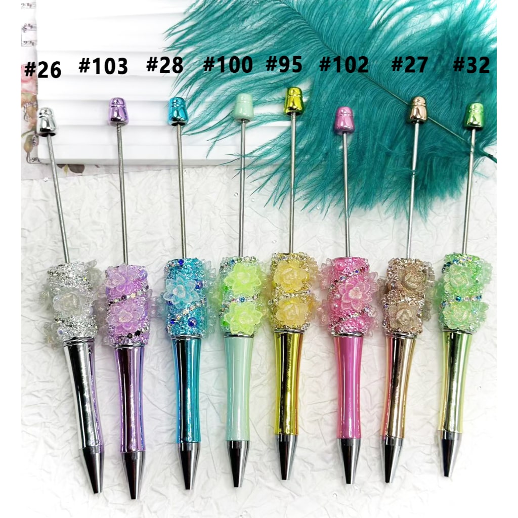 Plastic Beadable Pens with Shiny Rhinestone Pearls Chains Small Flowers