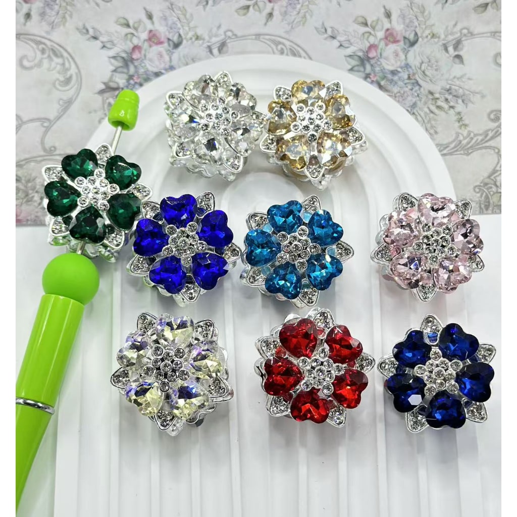 Silver Alloy Bling Bling Flower with Heart Diamonds, Shiny Rhinestones, and Clay Beads, Random Mix, Around 30*24MM