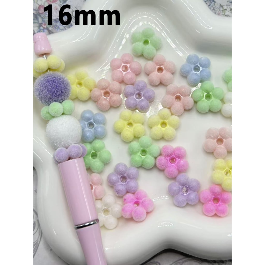 Cute Mini Solid Color Flocked Five-Petal Flower Acrylic Beads, Random Mix, 16MM