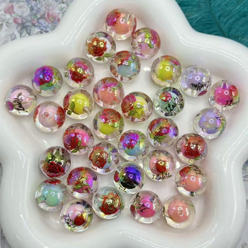 Flower Red Rose Clear Round Acrylic Beads Small Beads Inside, 16MM