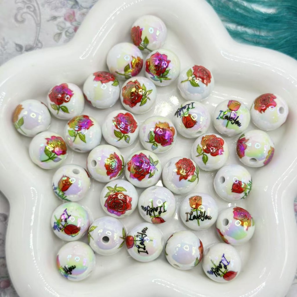 Red Flower Rose UV Finish I Love You White Round Acrylic Beads, 16MM