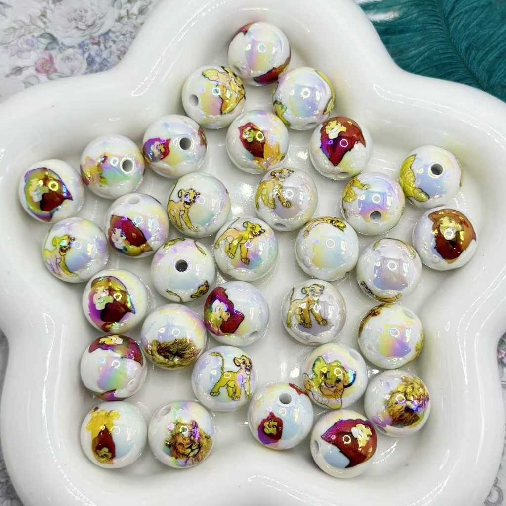 UV Finish Lion Kin Classic Animation White Round Acrylic Beads, 16MM