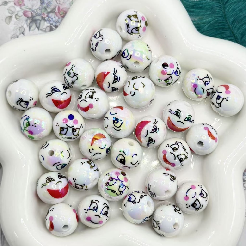Smile Face White Round UV Finish Acrylic Beads, 16MM