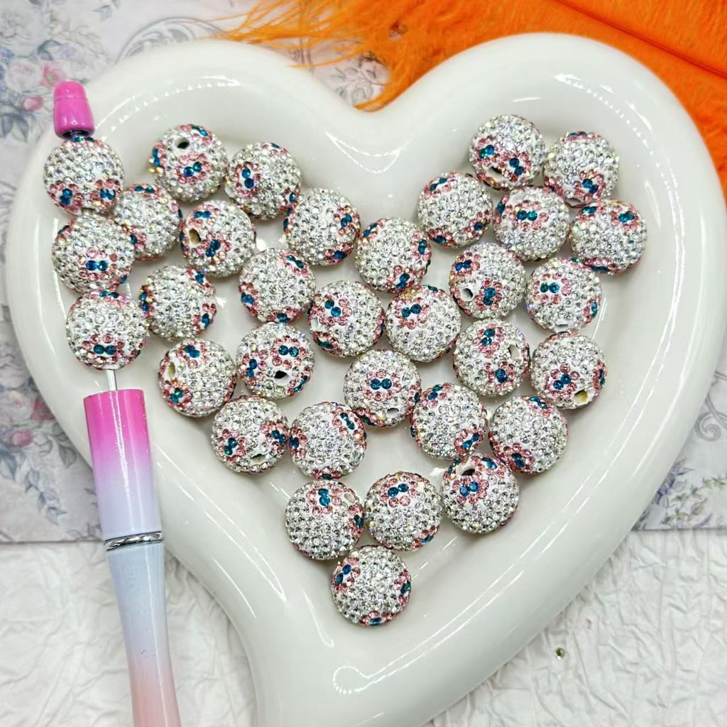 Clear Pink Dark Blue, White Mini Rhinestones Round Clay Beads, 16MM