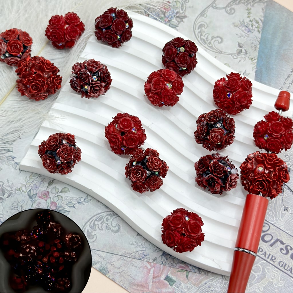 Mini Cute Luminous Red Flowers with AB Color Mini Rhinestones, Round Clay Beads, Random Mix, Around 20MM