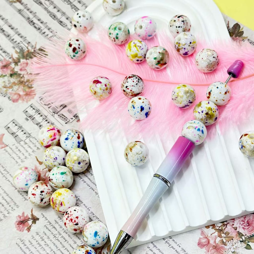 Colorful Spots Art Graffiti Painting White Round Acrylic Beads, Random Mix, 16MM