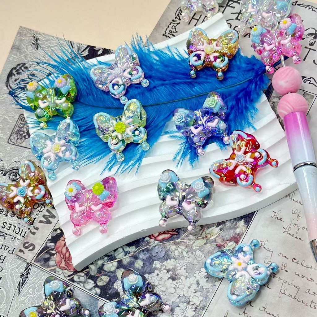 Multi-Color Translucent Butterfly Delicate UV Finish Acrylic Beads with Colorful Flowers, Random Mix, Around 28*29MM