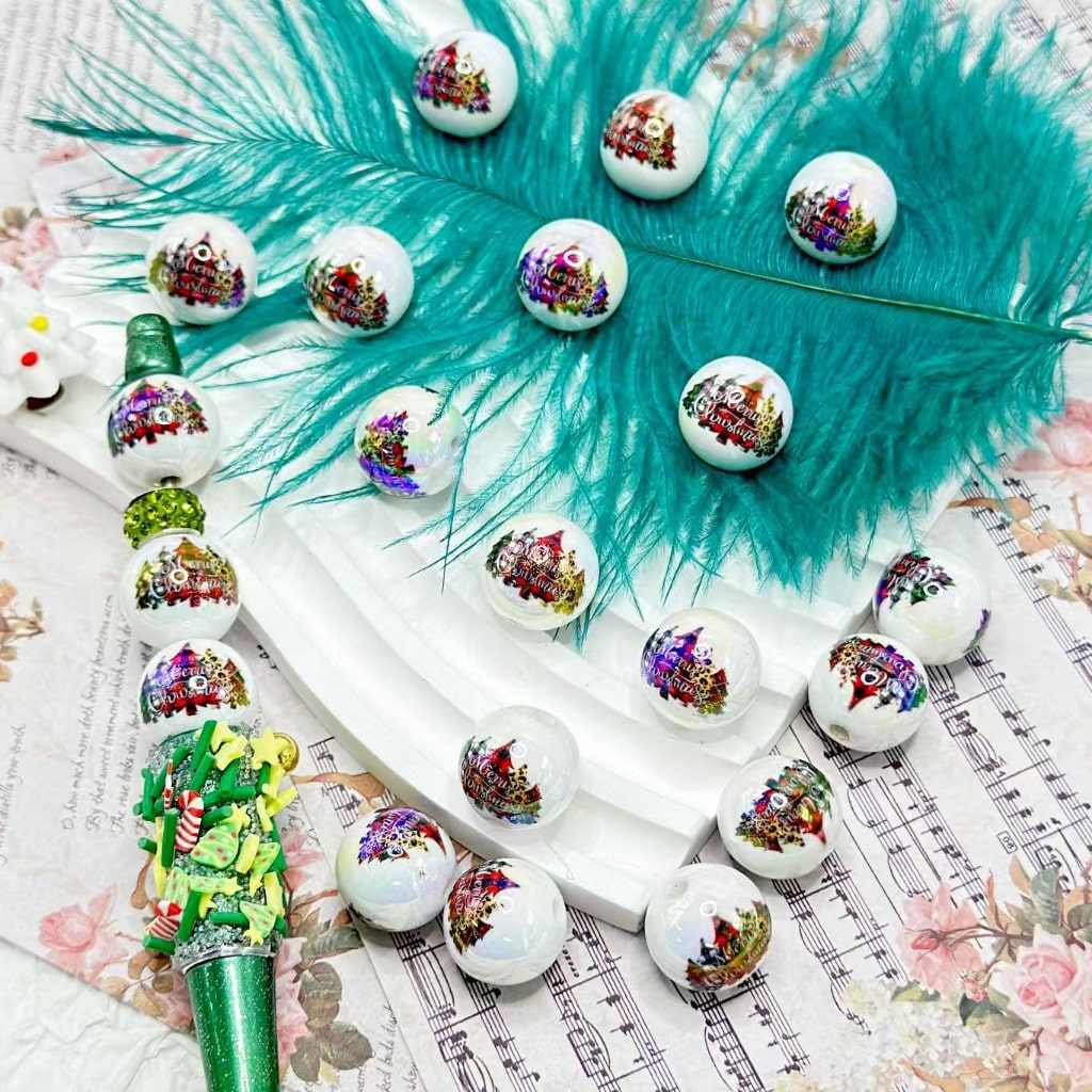 Multi-Color UV Finish Christmas Trees White Round Acrylic Beads, 16MM