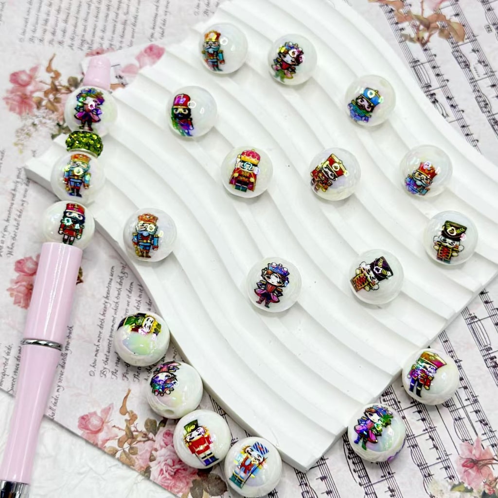 UV Finish King Queen Prince Crown Jewel Knight General White Round Acrylic Beads, Random Mix, 16MM
