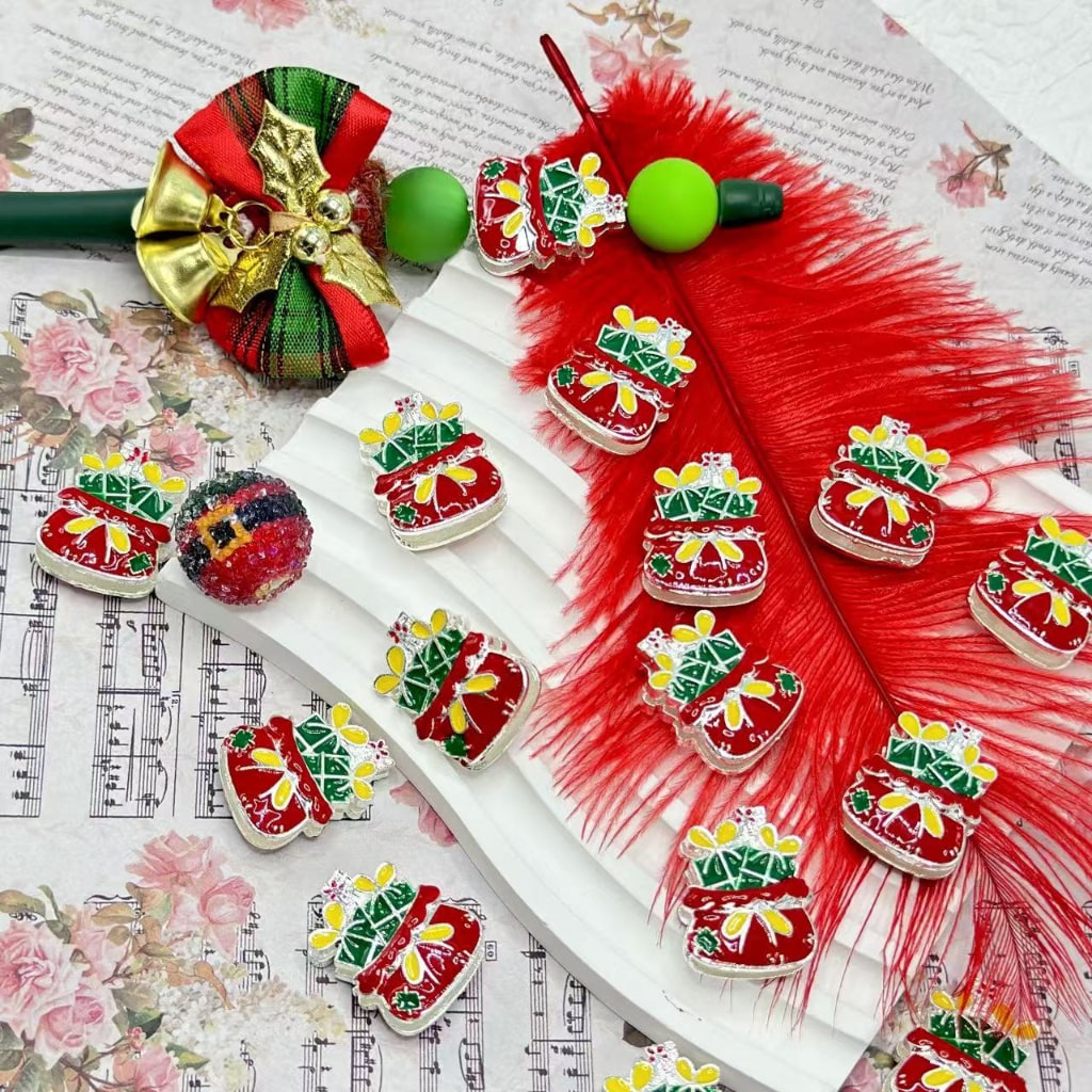 Delicate Alloy Christmas Colorful Gift Box Bag, Around 25*20MM