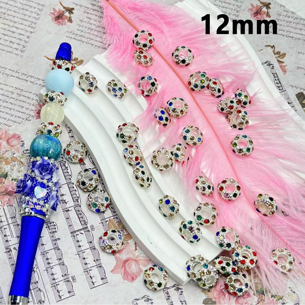 Colorful Rhinestones Silver Alloy Wheel Abcaus Beads with Bling Bling Mini Big Hole, Random Mix, 12MM