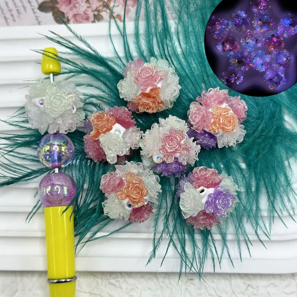 Exquisite Cute Flowers with Luminous Glowworm Color Changing, Shiny AB Rhinestones, White Round Clay Beads, Random Mix, 24MM.