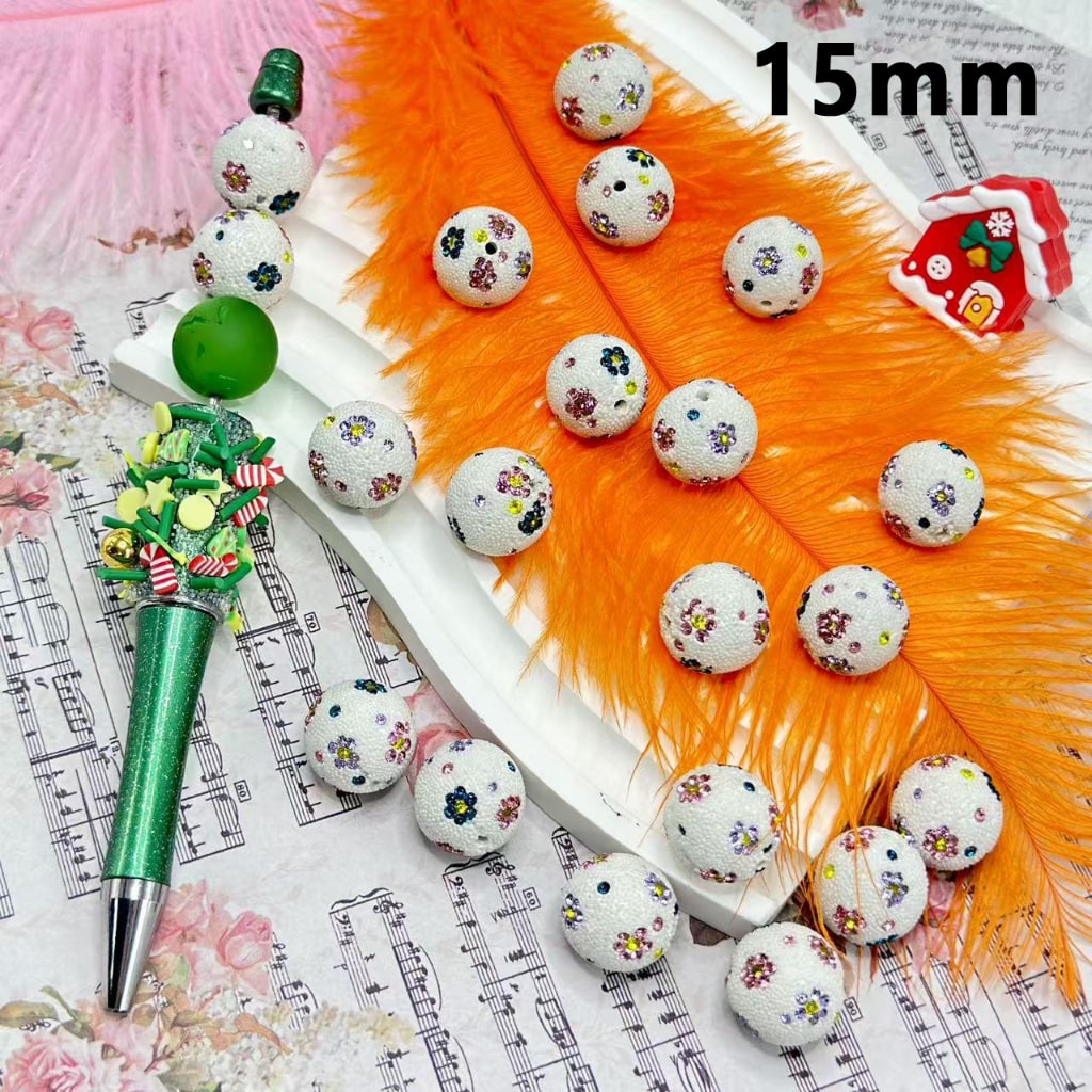 Mini Cute Rhinestone Bling Bling Flower Bumpy White Round Clay Beads, 15MM
