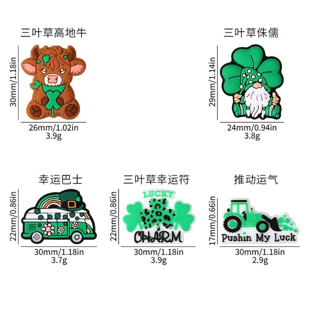 Green Luck Clover Series Highland Cow Gnome Bus Charm Irish Saint Patrick's Day Silicone Focal Beads