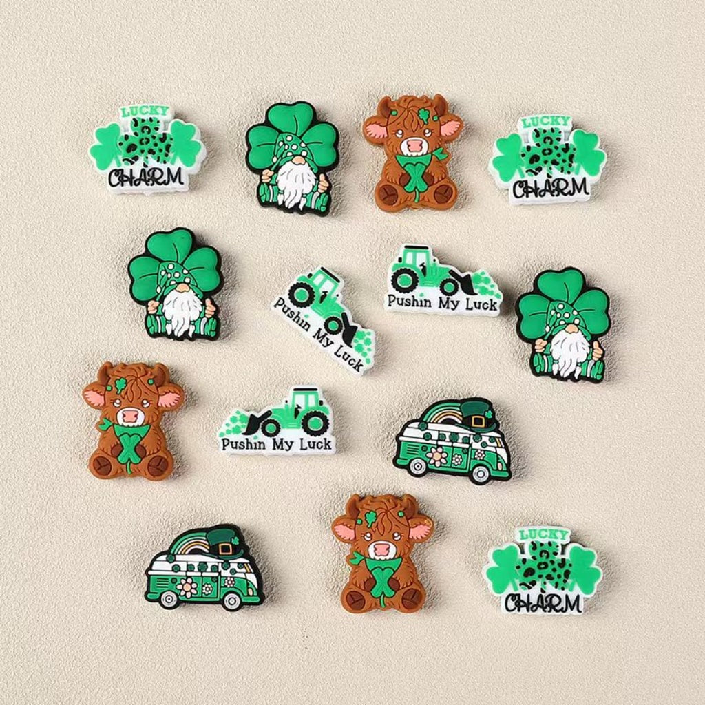 Green Luck Clover Series Highland Cow Gnome Bus Charm Irish Saint Patrick's Day Silicone Focal Beads