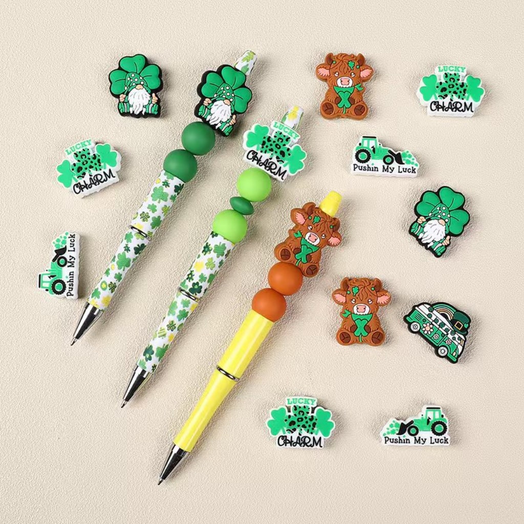 Green Luck Clover Series Highland Cow Gnome Bus Charm Irish Saint Patrick's Day Silicone Focal Beads