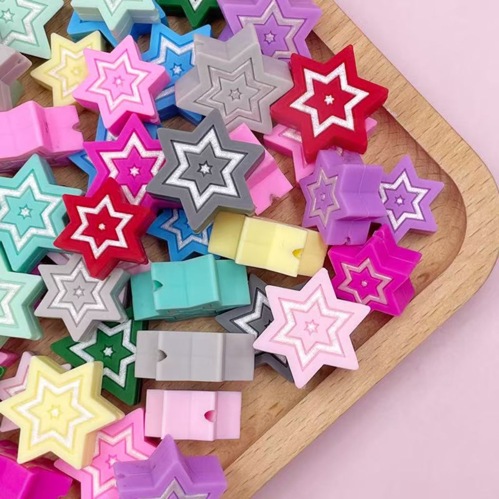 Colorful Six-Pointed Stars Silicone Focal Beads, 20MM, Random Mix