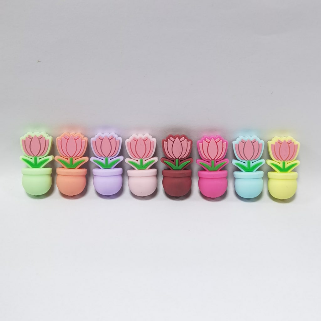 3D Colorful Flowers Tulip Pot Bonsai Silicone Focal Beads, Random Mix