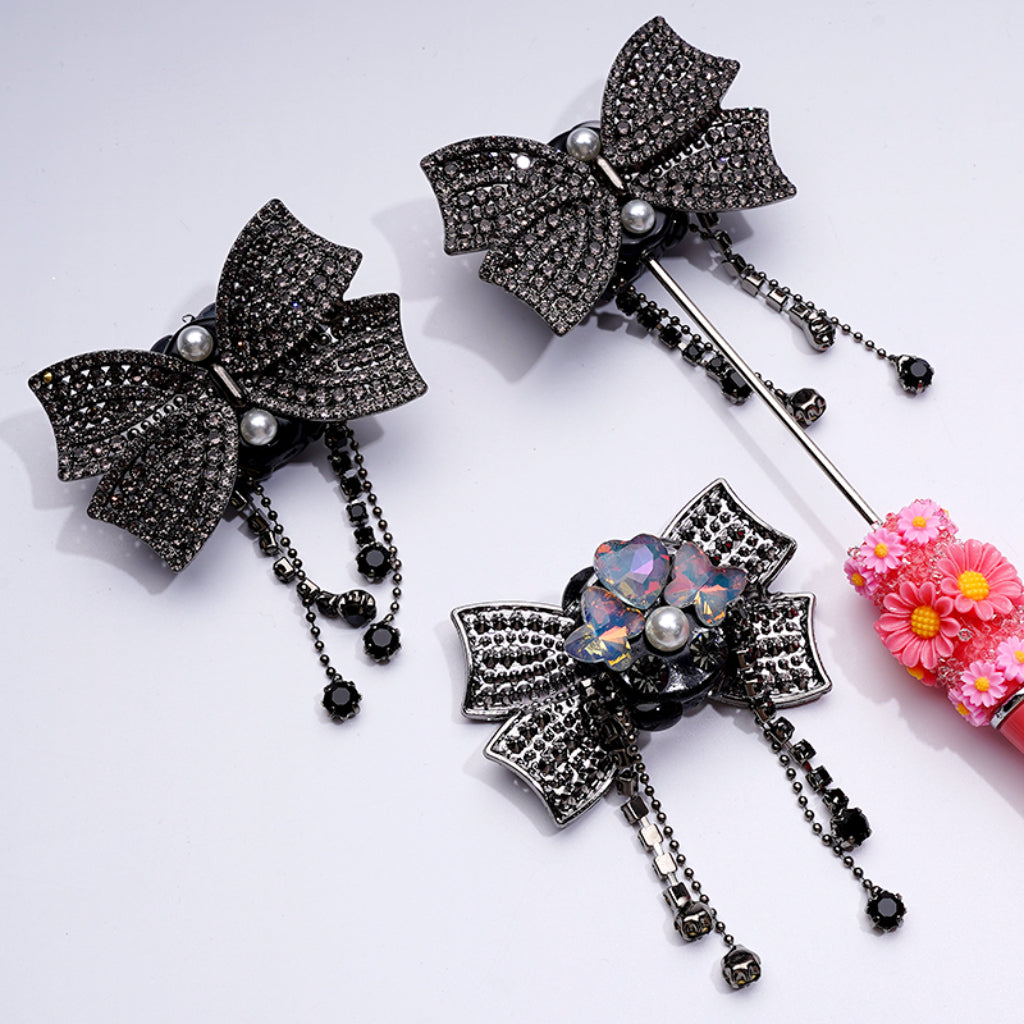Elegant Alloy Bowknot – Sparkling Rhinestones, Metal Chains & White Pearls – Adorable Hearts, Butterflies & Clay Beads – Approx. 52×33MM