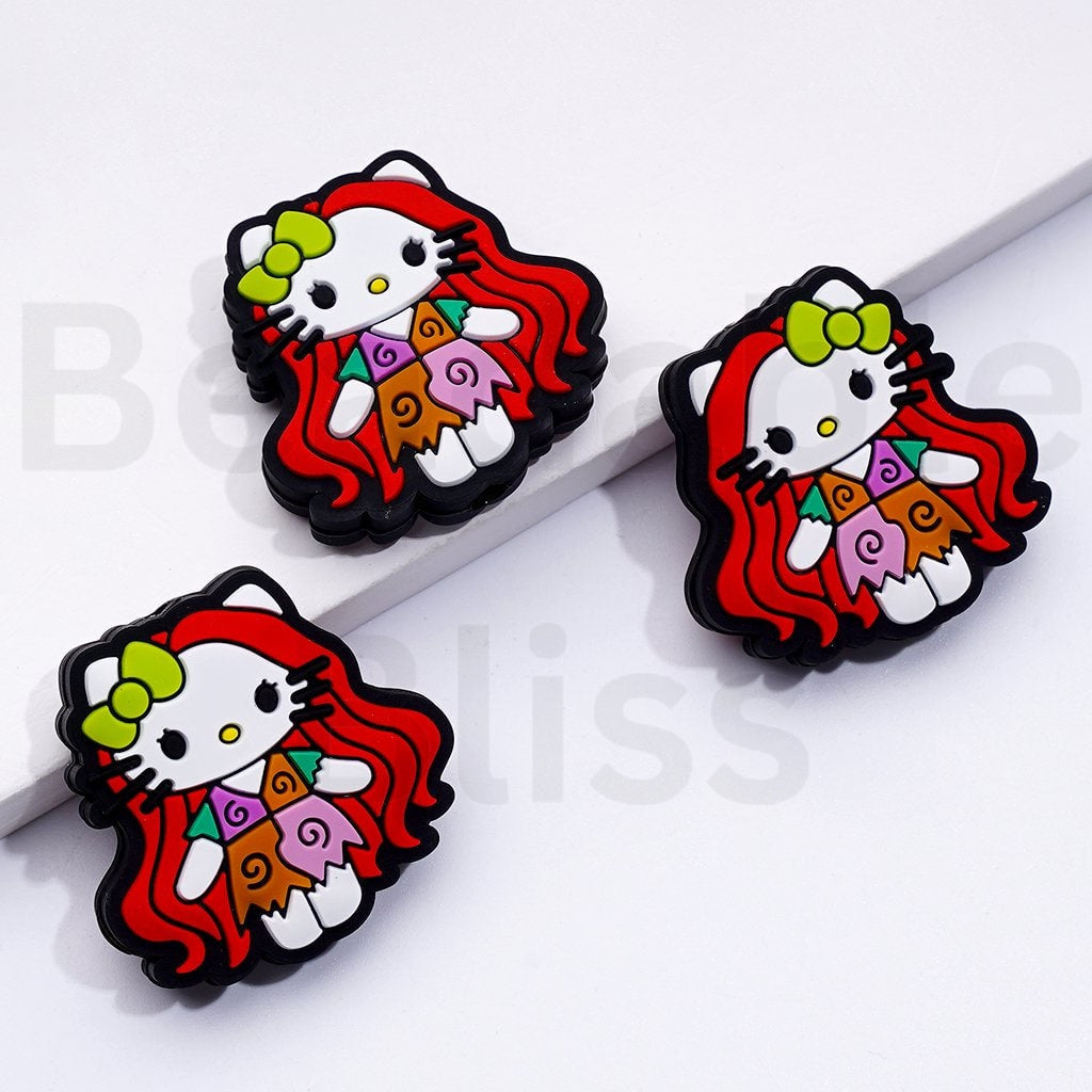 Cute Cat Character with Long Red Hair Green Bowtie Colorful Dress Silicone Focal Beads