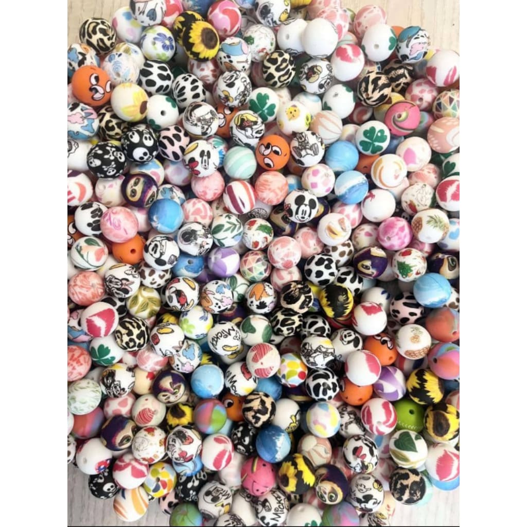 Assorted Round 15MM Printed Silicone Beads – Random Mix Selection