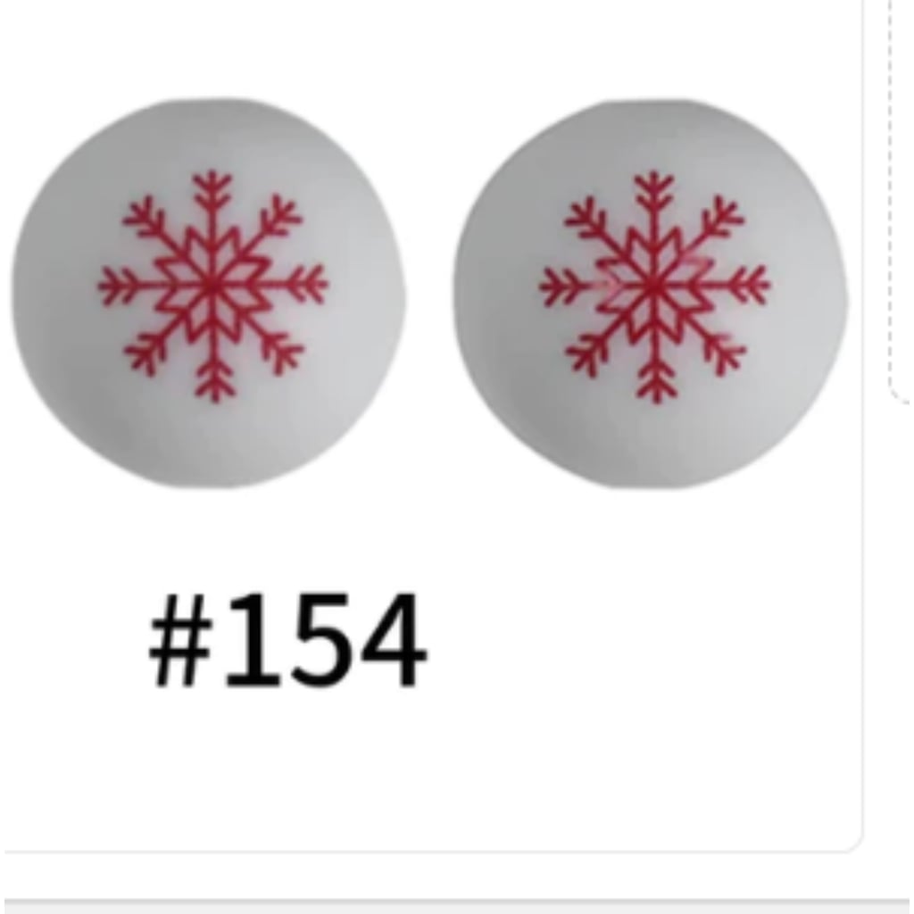 Festive 15MM Silicone Beads – Red Snowflake Printed Design, #154