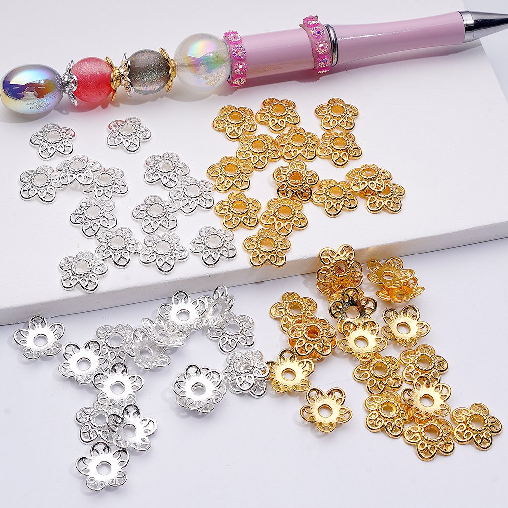 Gold and Silver Alloy Bead Cap Cage with Floral Five-Petal Design, 12MM
