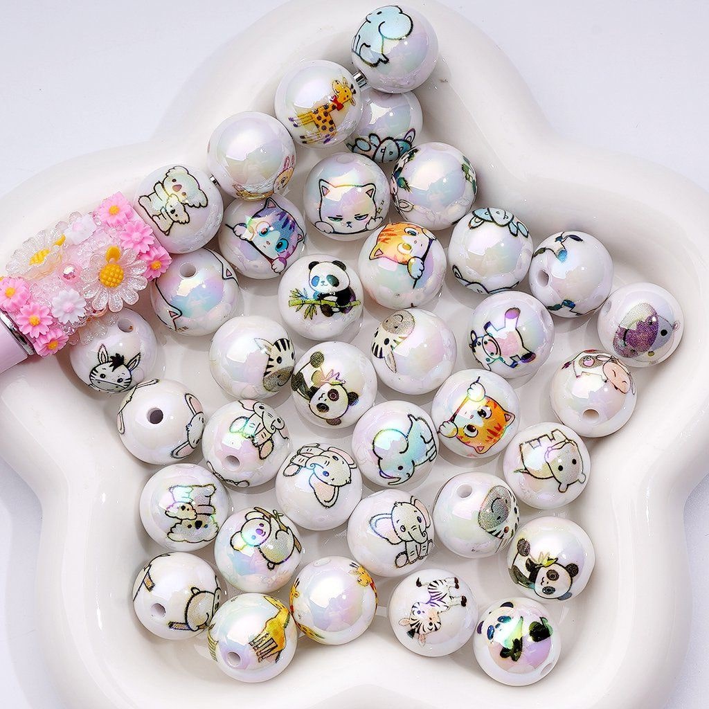 UV Coated Acrylic Beads Featuring Cute Animal Shapes Panda, Giraffe, Zebra, Cat & More, 16MM Assorted Mix