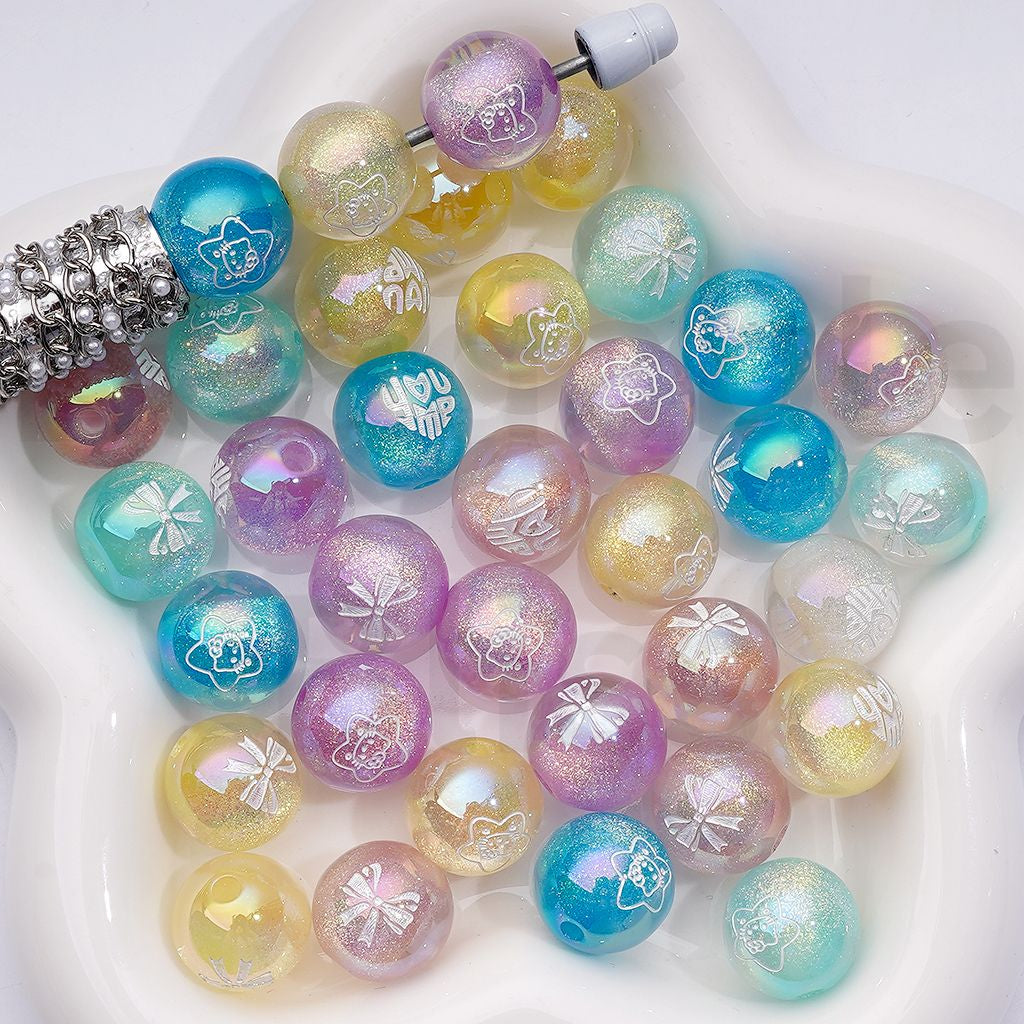 Round Acrylic Beads Cute Glitter Cute Cat Character Inspired Designs with Bowknots & Love Prints, Sugar Core Inside, 16MM, Random Mix