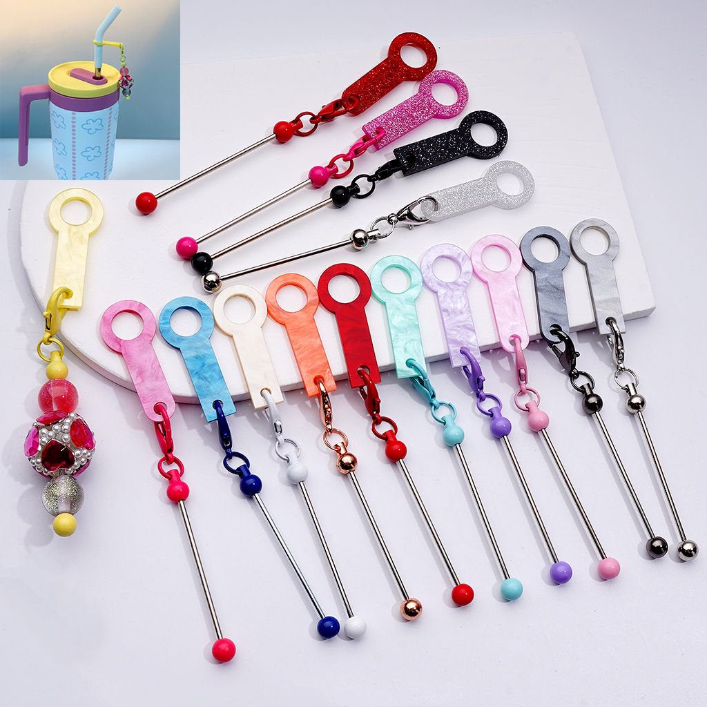 DIY Beadable Keychain Bar Metal Straw Accessory in Solid Color, 116MM with Plastic Ring & Carabiner Clip