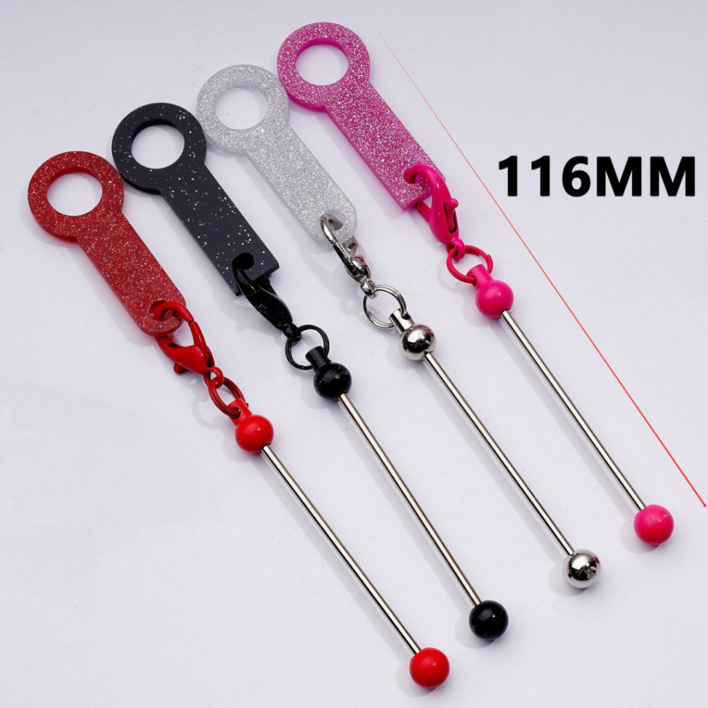 DIY Beadable Keychain Bar Metal Straw Accessory in Solid Color, 116MM with Plastic Ring & Carabiner Clip