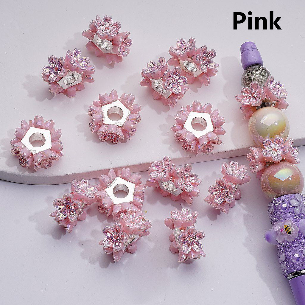 Silver Alloy Pentagon Shape Spacer Shiny Pink Flower 19MM