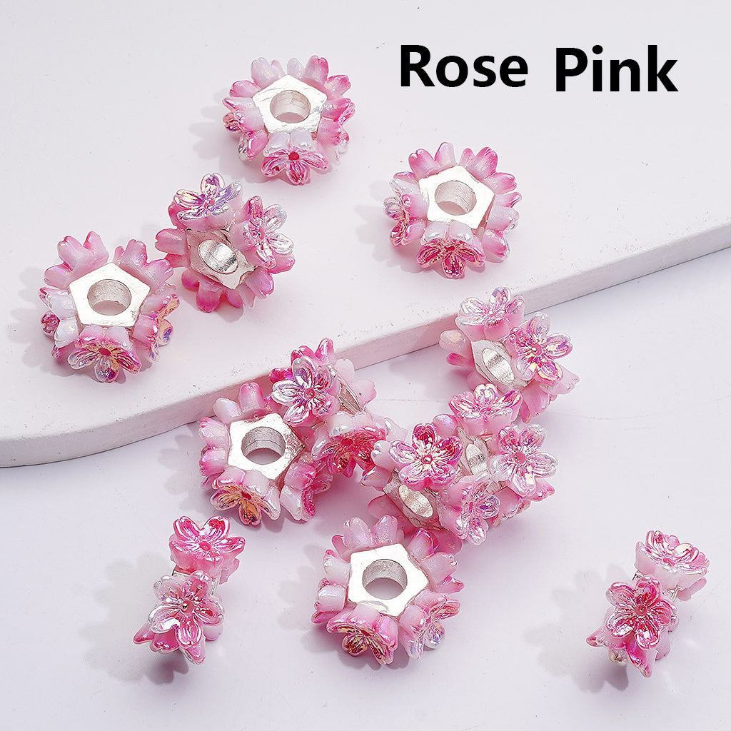 Silver Alloy Pentagon Shape Spacer Shiny Pink Flower 19MM