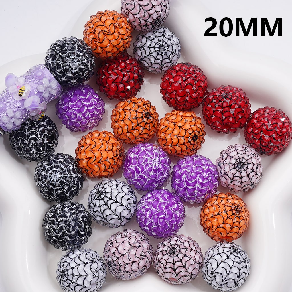 Black White Spider Web Stripes Clear Rhinestones Round Acrylic Beads in Solid Color, 20MM