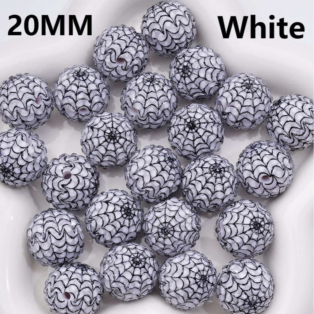 Black White Spider Web Stripes Clear Rhinestones Round Acrylic Beads in Solid Color, 20MM