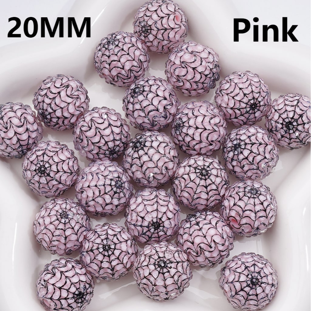 Black White Spider Web Stripes Clear Rhinestones Round Acrylic Beads in Solid Color, 20MM