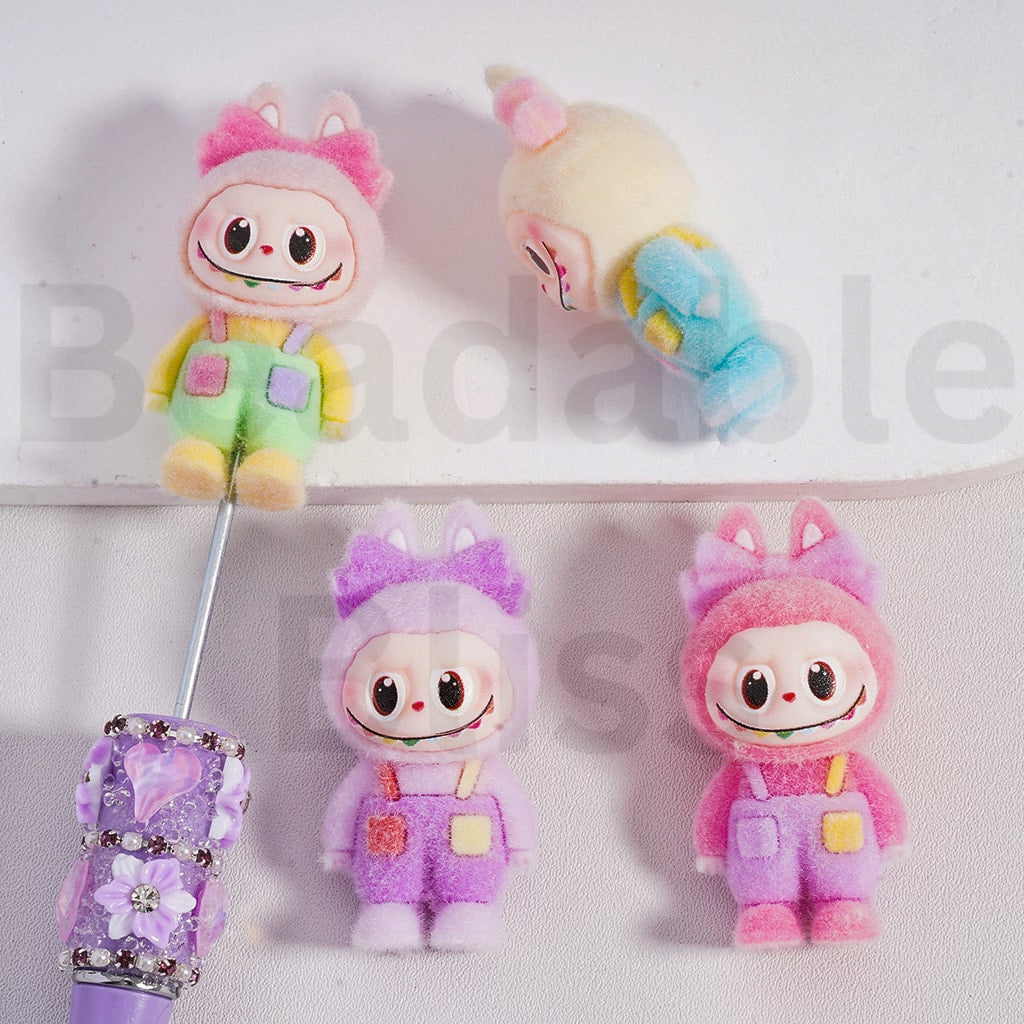 Flocked Labub in Suspender Trousers Overalls with Bowknots Cute Acrylic Beads Pen Toppers Pendants Jewelry Accessories, 50*24MM