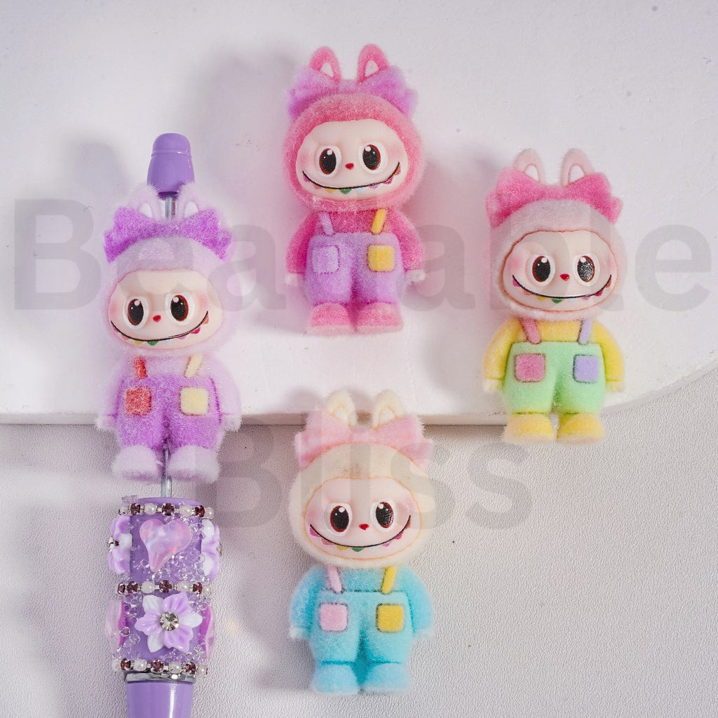 Flocked Labub in Suspender Trousers Overalls with Bowknots Cute Acrylic Beads Pen Toppers Pendants Jewelry Accessories, 50*24MM