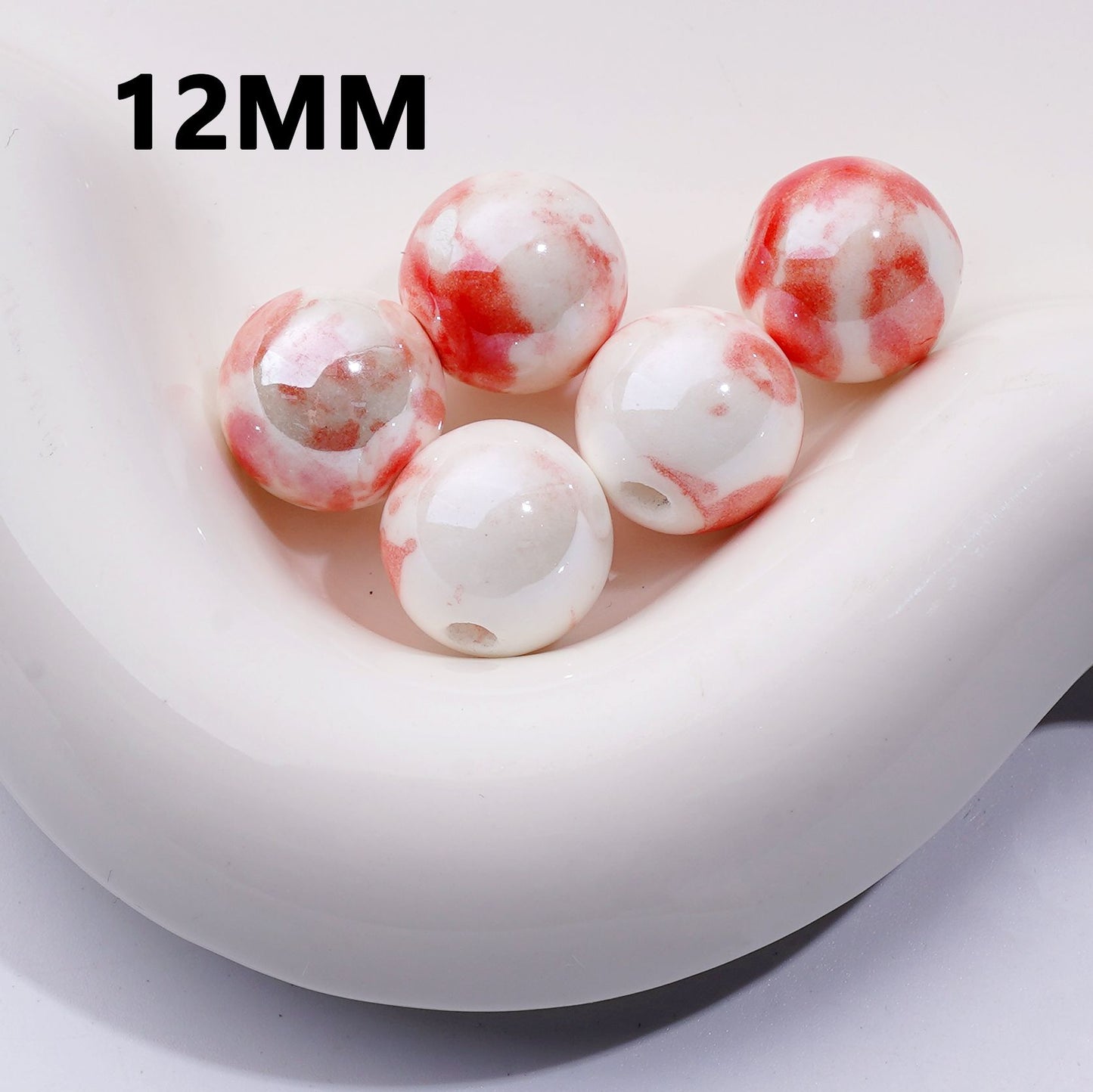 White Porcelain Beads with Red Pattern Prints Ceramic Charm Round Beads 12mm