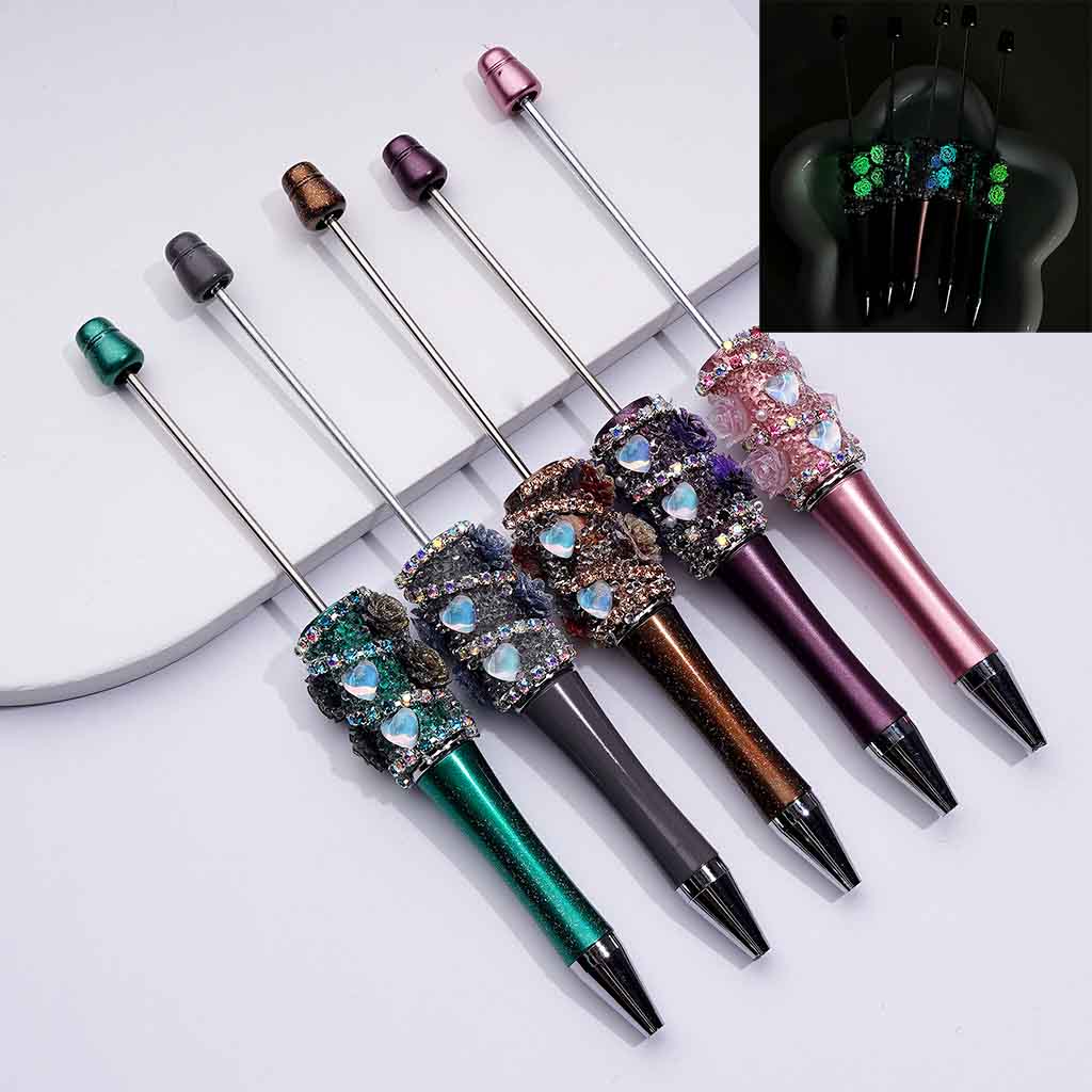 Beadable Luminous Pens with Mini Flower Shiny Rhinestones, in Solid Colors Chain, and Heart Diamond