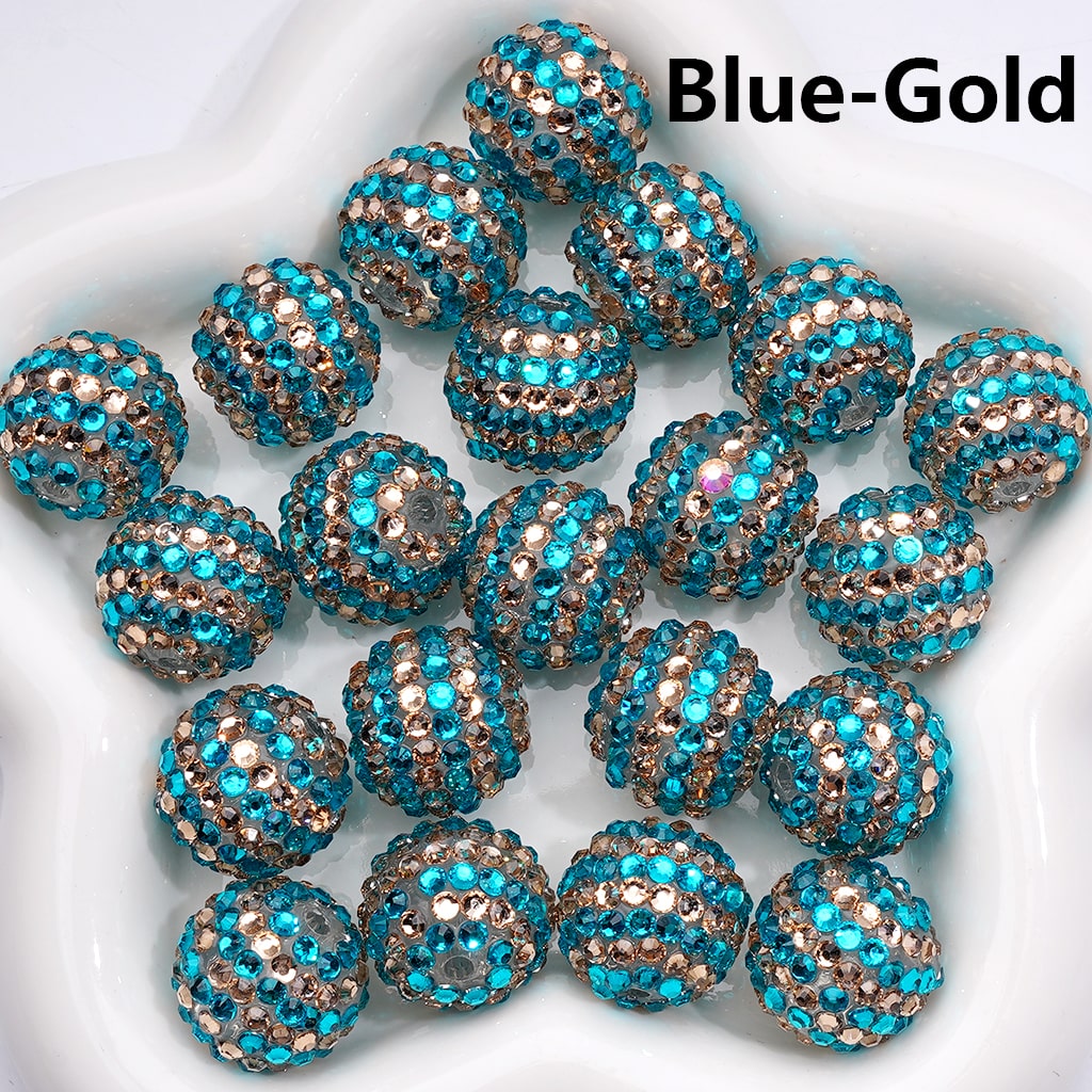 Double Color Striped Round Acrylic Beads with Shiny Rhinestones, 20MM